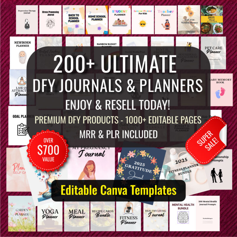 Editable Canva journals and planners bundle for digital product business and resale