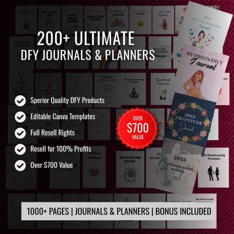 Editable Canva journals and planners bundle for digital product business and resale