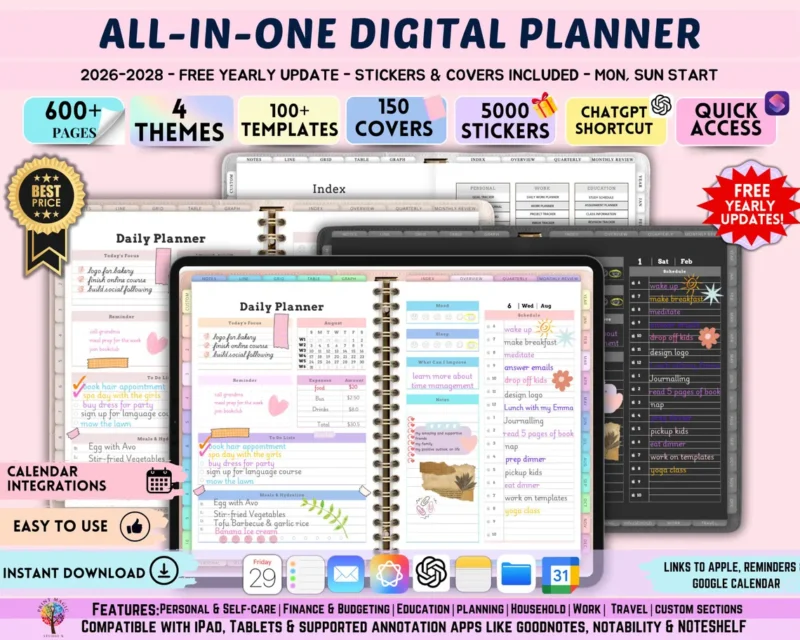 All-in-One Digital Planner 2026–2028-Hyperlinked GoodNotes Planner-iPad-Tablet Planner